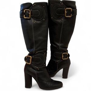 Chloe Paddington Black Heeled Boots with Gold Buckles